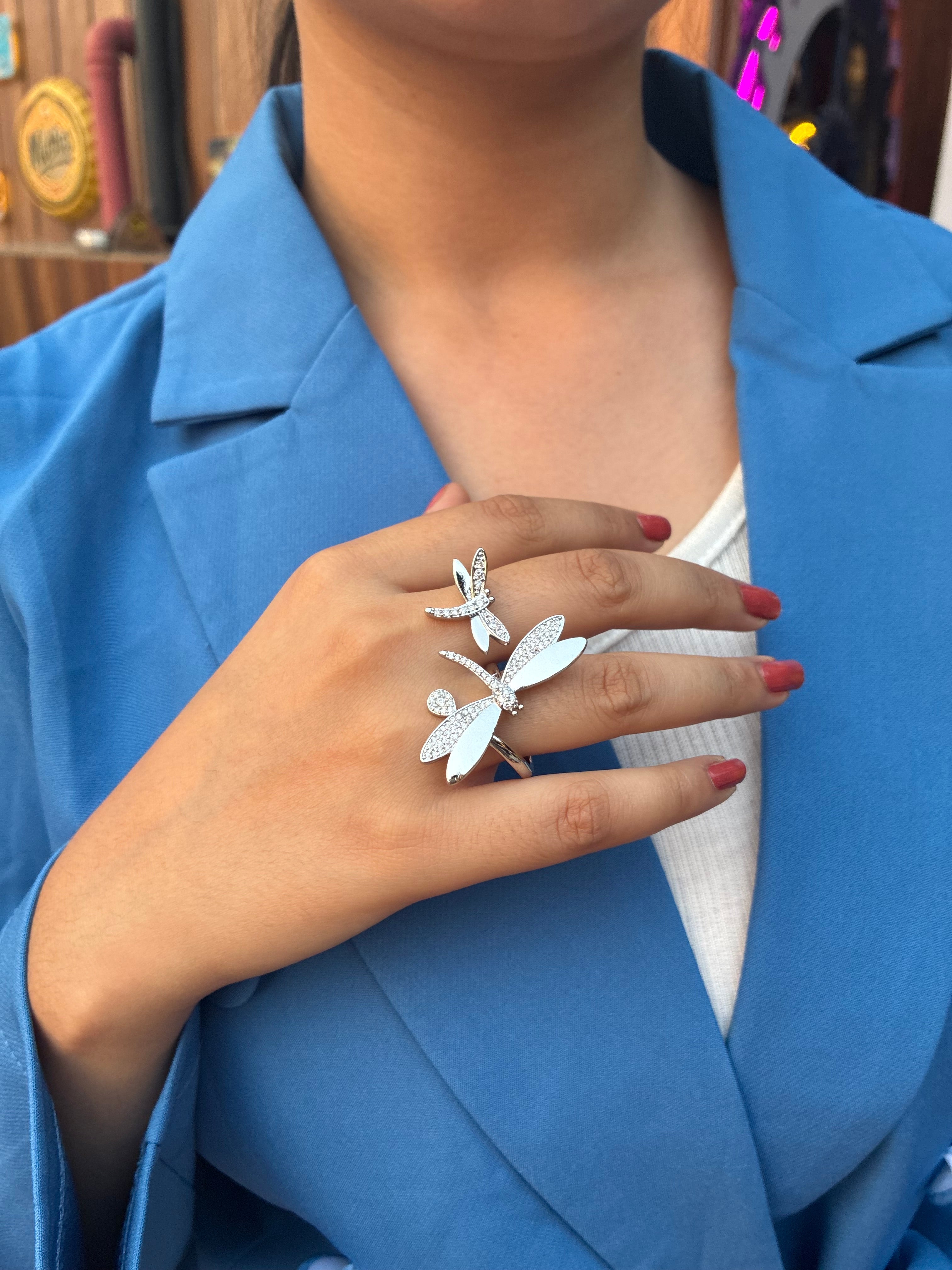 Dragonfly Dual-Finger Silver Ring