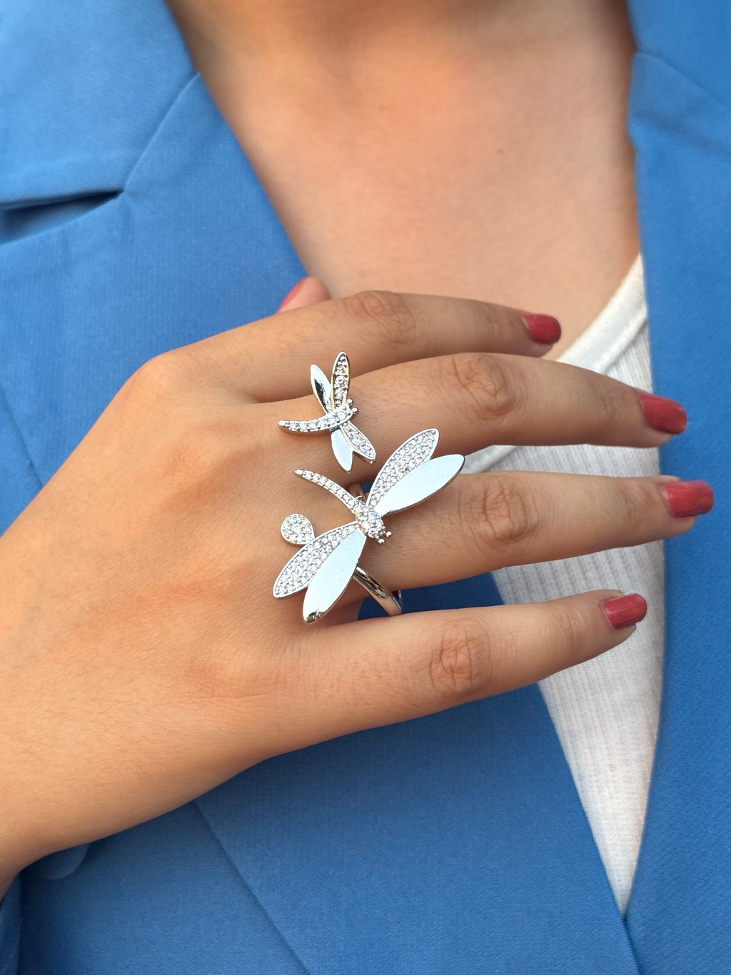 Dragonfly Dual-Finger Silver Ring