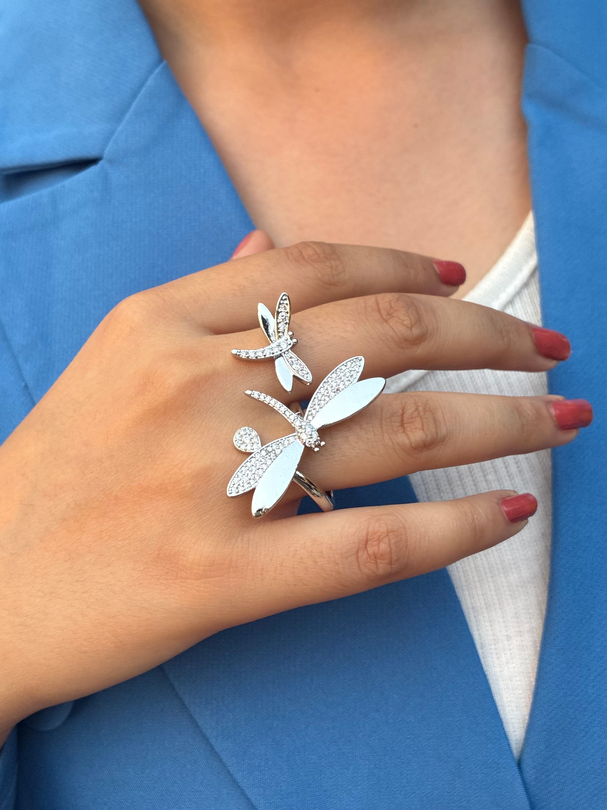 Dragonfly Dual-Finger Silver Ring